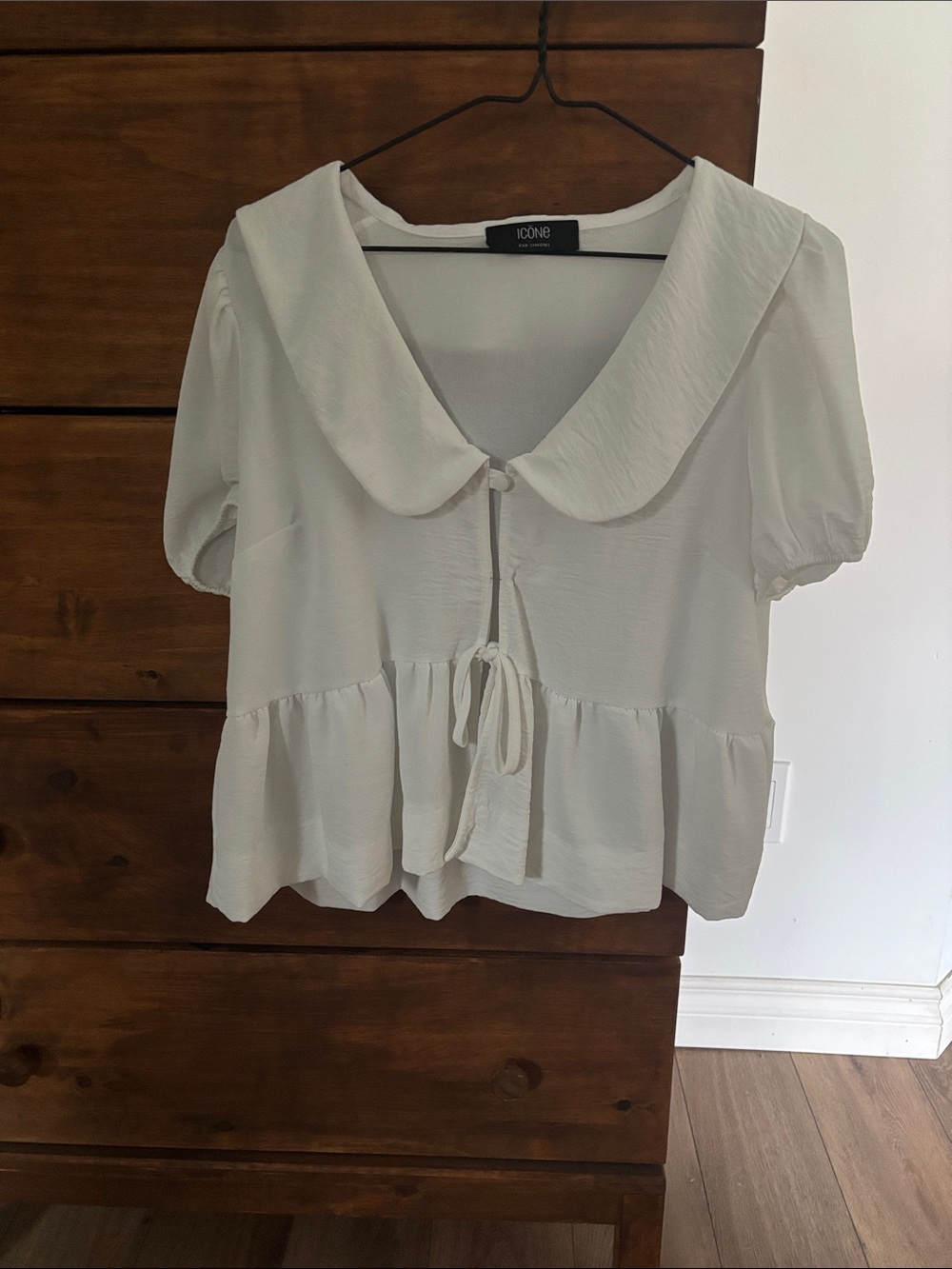 Simons Cream Peplum Blouse with Peter Pan Collar and Tie Front